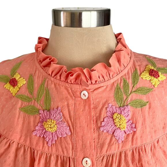 Ivy Jane Button Down Boho Top MED Floral Embroidered Ruffled Bell Sleeve Cottage - Picture 5 of 10